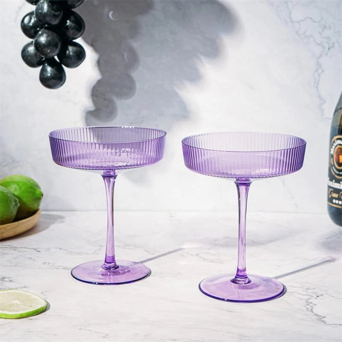 Set of 2 Ripple Ribbed Cocktail Coupe Lilac Colored Glasses | 8oz