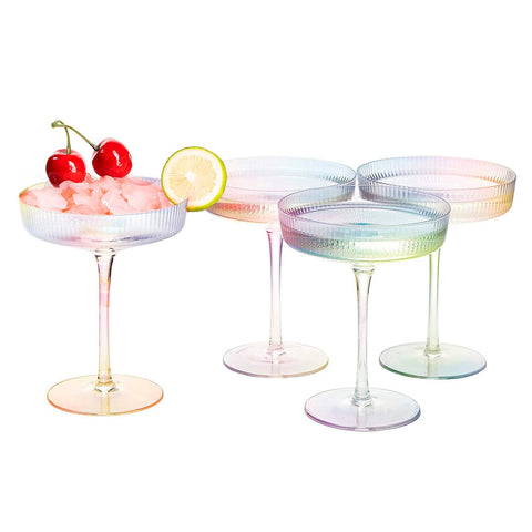 Ripple Ribbed Champagne Coupe Iridescent Colored set of 4