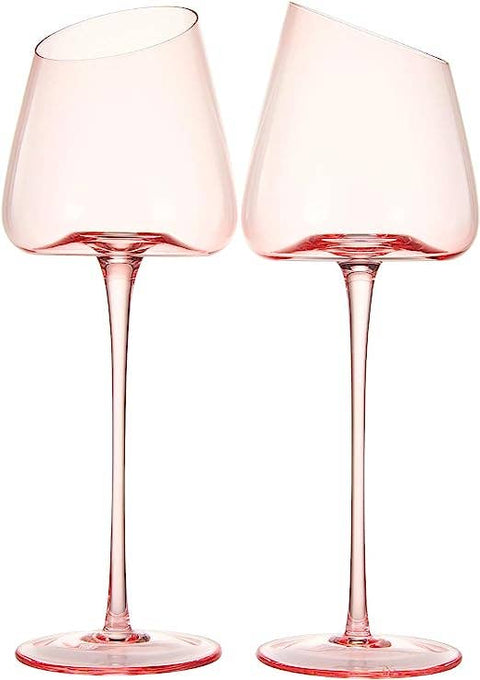 Pink Wine Glasses, Set of 2| Red Blush Colored 18 oz Slanted
